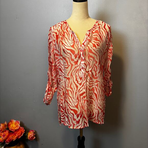 Grand & Greene Coral White Sheer Roll Sleeve Blouse Shell Buttons Tunic Resort L - Picture 1 of 6